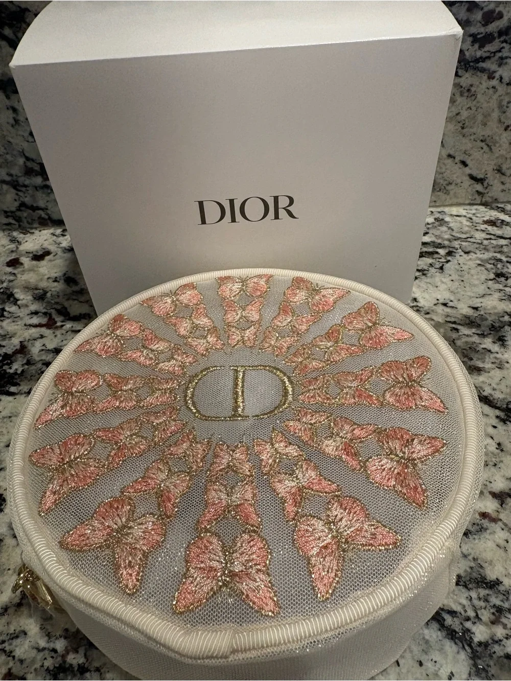 Dior Round Embroidered Butterfly Pouch in Pink & Gold